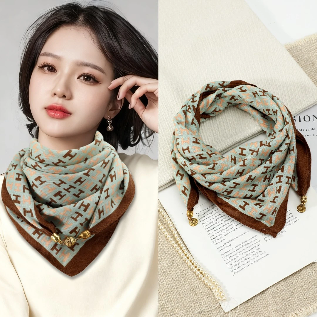 棉麻磁吸扣围巾方巾女洋气小众暗扣围脖气质百搭防风保暖秋冬季