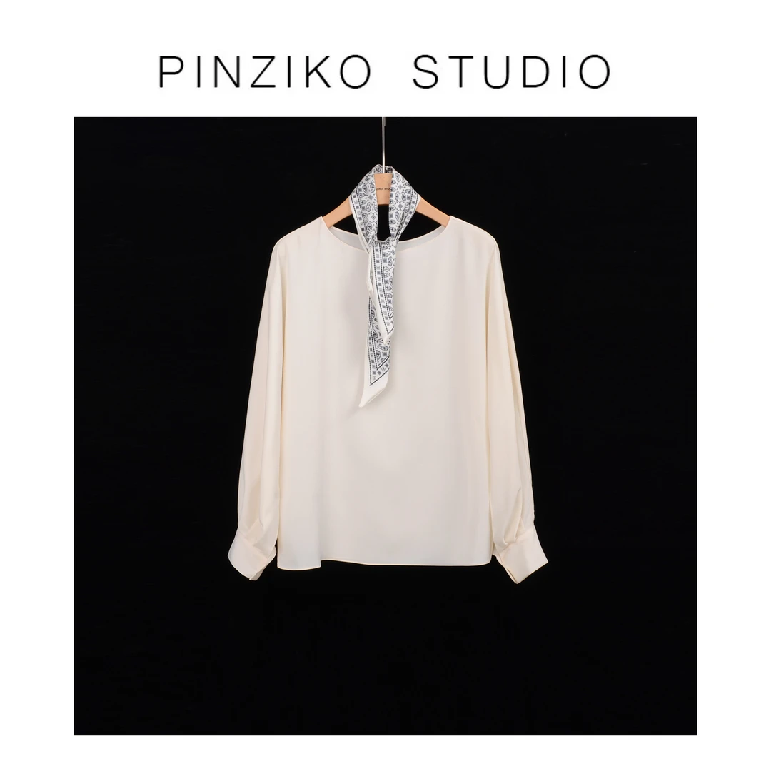【PINZIKO】暖阳初衣~法式圆领衬衣丝巾雪纺衫女宽松长袖上衣TJF031