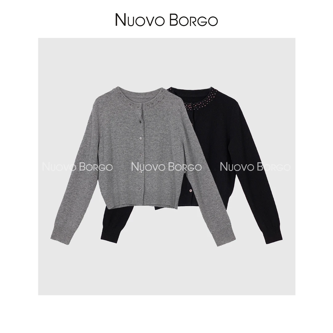 Nuovo Borgo 秋冬手工钉珠圆领羊毛针织开衫长袖通勤女上衣 2403