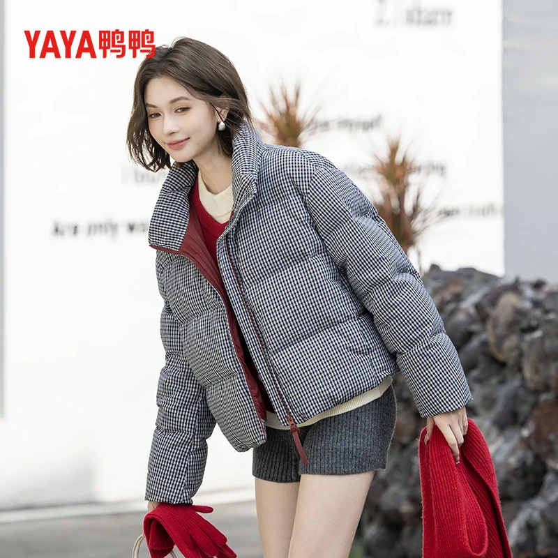 YAYA鸭鸭官方新国标90绒羽绒服短款千鸟格韩版宽松简约保暖外套