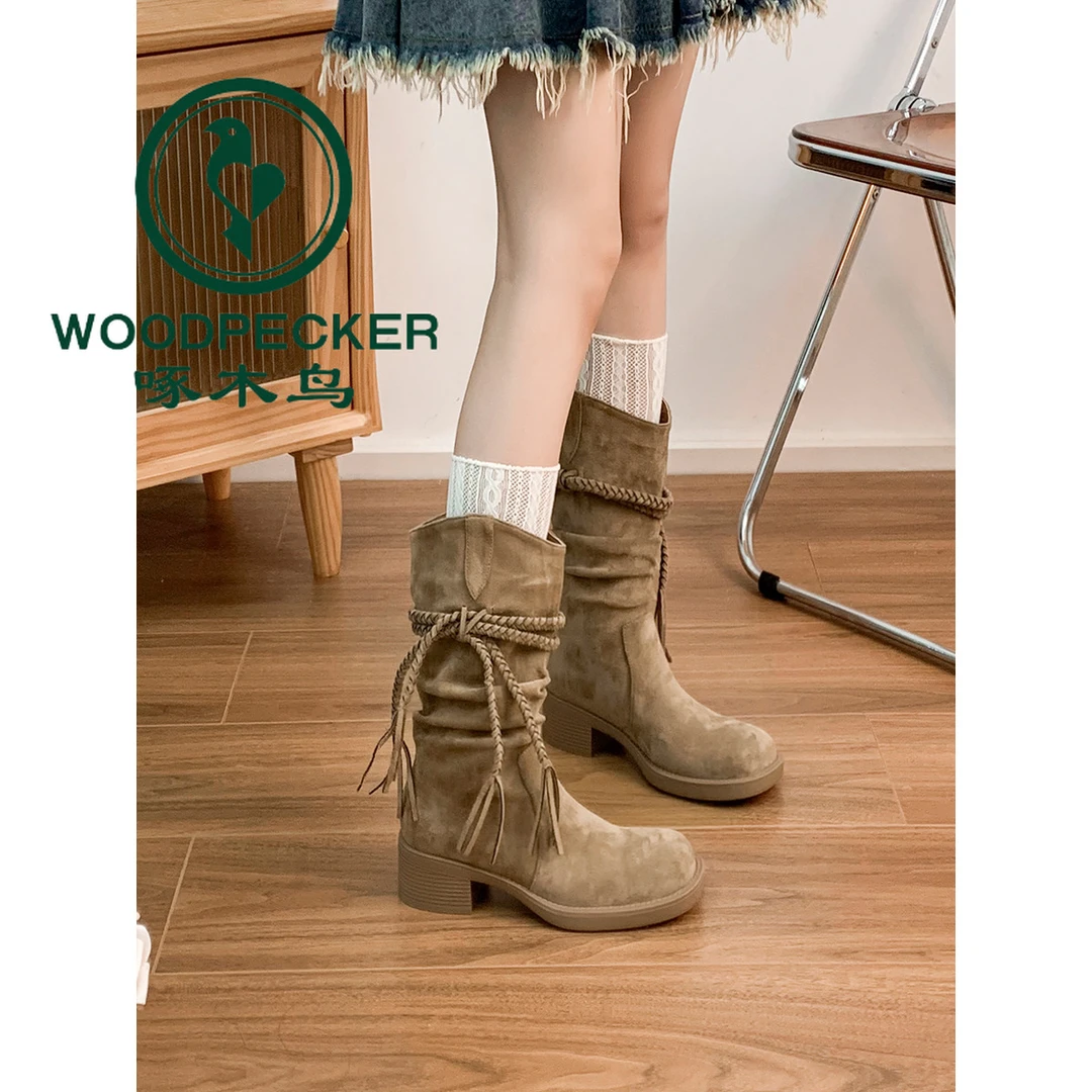 啄木鸟厚底长靴子女款废土复古风骑士靴磨砂皮流苏麻绳粗跟中筒靴