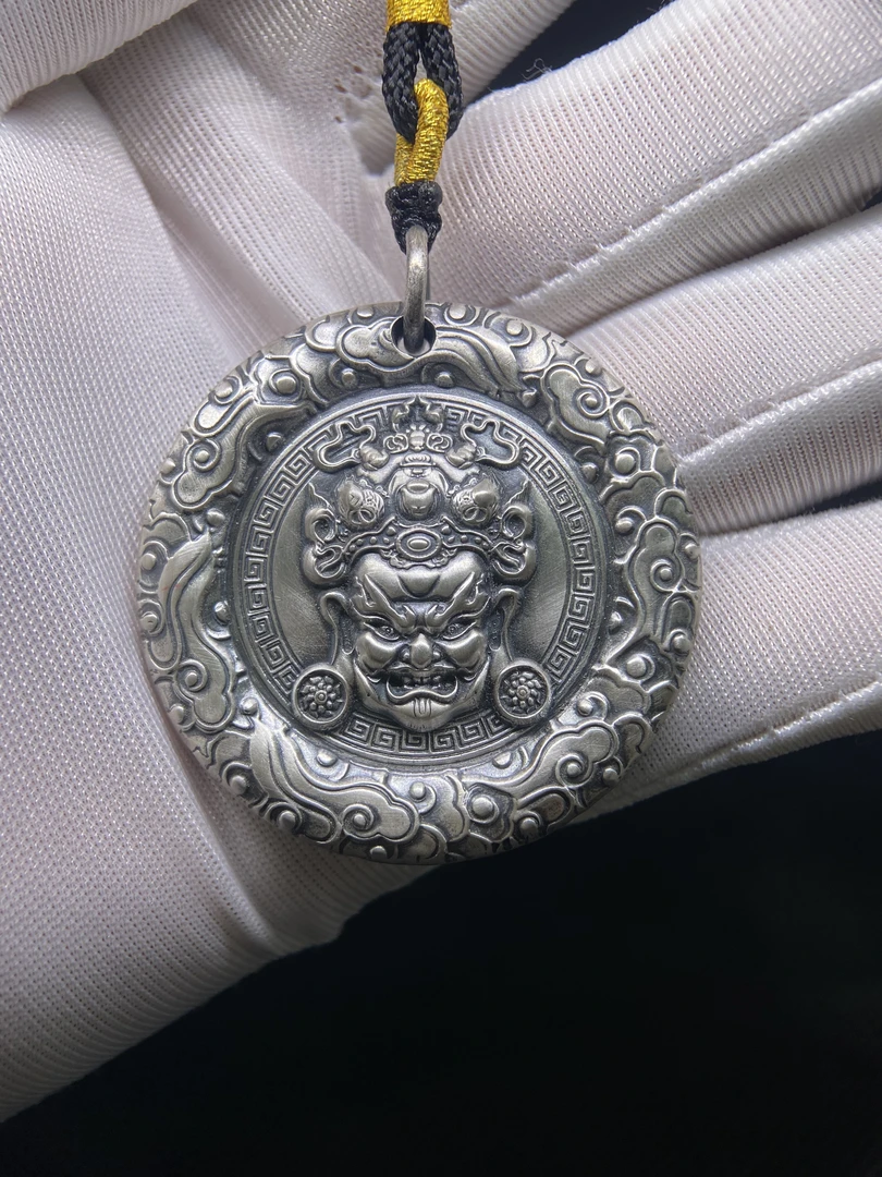 足银银制品 绿财神吊坠麒麟祥云版手工银饰足银吊坠实心足银9999