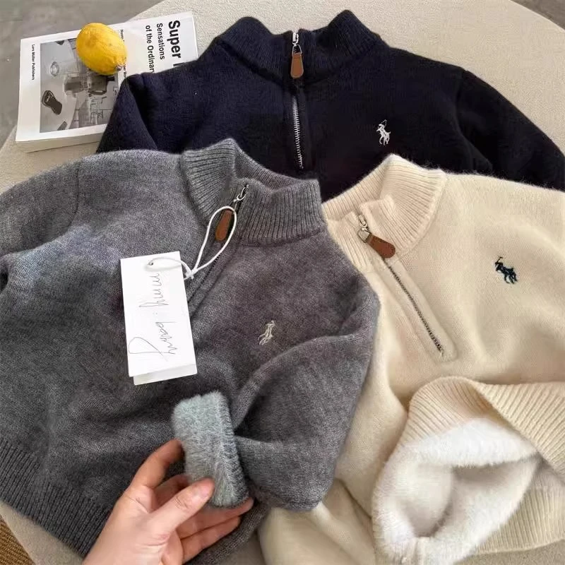 【清仓】一体绒儿童毛衣男女新款加绒加厚冬款男童半拉链套头针织衫