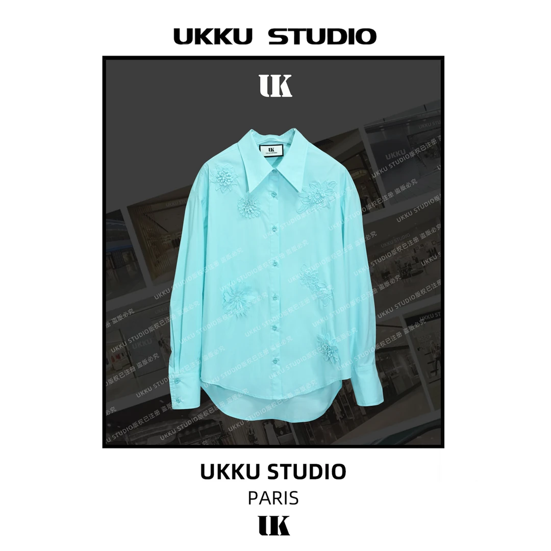 秀秀【UKKUSTUDIO】时尚气质条纹休闲刺绣衬衫613409