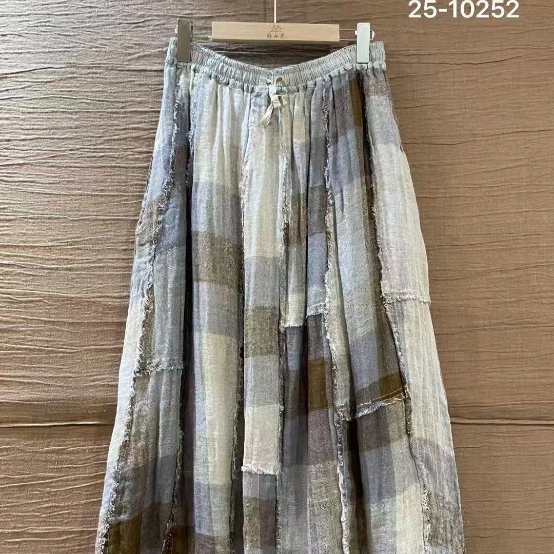 猫迷森林高品质稀疏色织亚麻撞色显瘦半身裙格纹a字裙25-10252