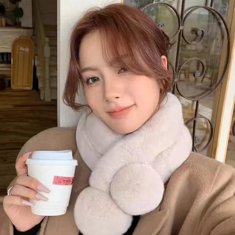 真毛兔毛围巾女冬季保暖学生百搭可爱交叉皮草围脖兔毛绒加厚毛领