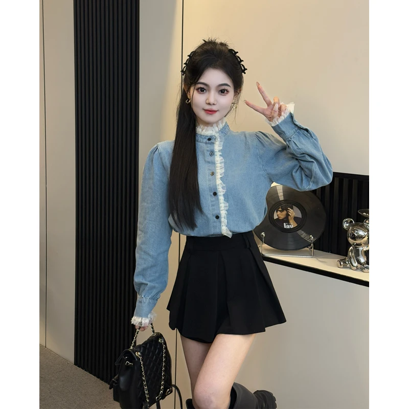 韩版高级感洋气甜美长袖花边领蕾丝拼接牛仔衬衫半身裙两件套装女