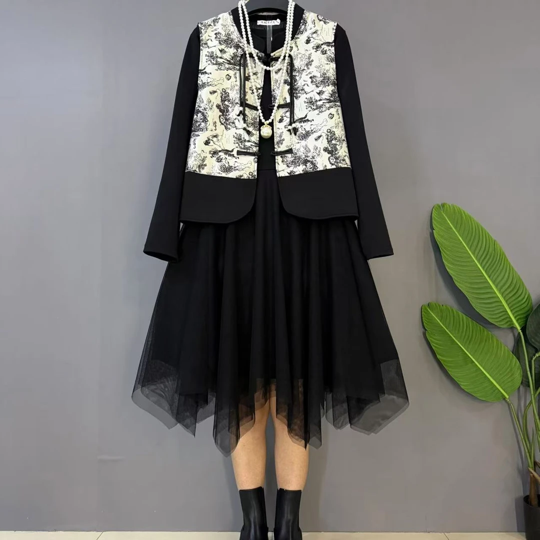 新款大码女装欧货时尚新中式复古马甲连衣裙两件套套装