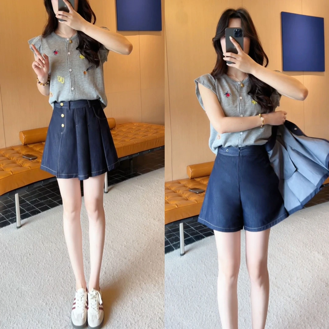 天丝牛仔裙裤高腰休闲显瘦不规则百褶裤裙短裤夏季女装