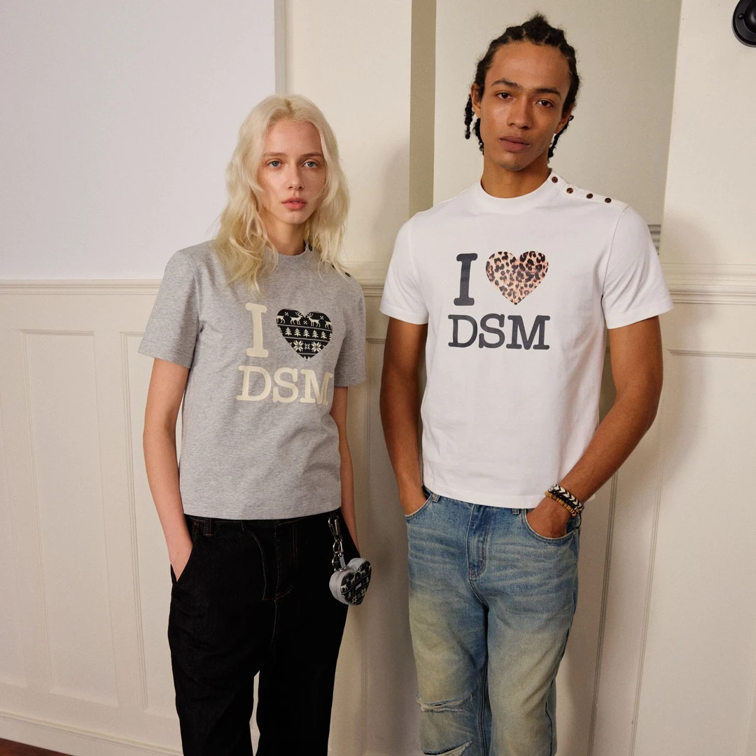 DONSMOKE豹纹费尔岛爱心印花速干短袖百搭T恤DSM正肩纽扣设计感