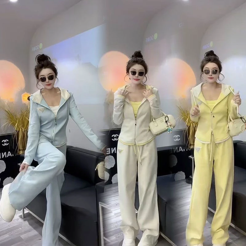 欧货休闲运动套装2025年春季新款重工三角标连帽卫衣直筒裤两件套