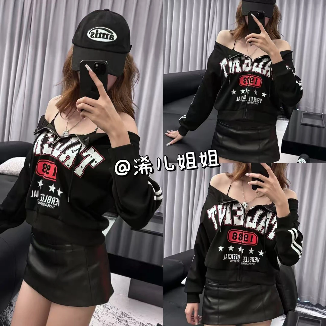 （浠儿姐姐）复古一字肩字母印花拉链开衫卫衣女辣妹显瘦休闲外套秋