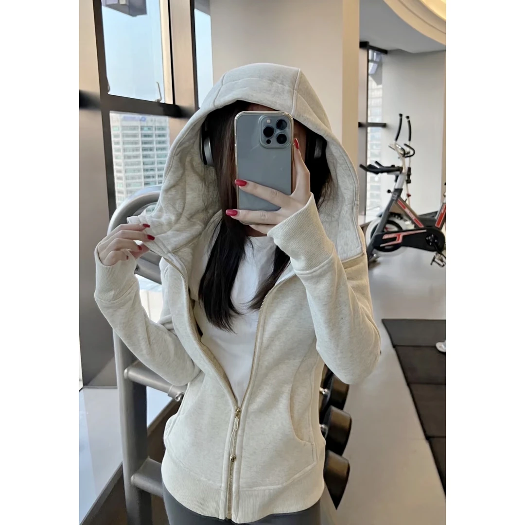 lulu修身连帽卫衣女外套scuba海军蓝加绒冬季