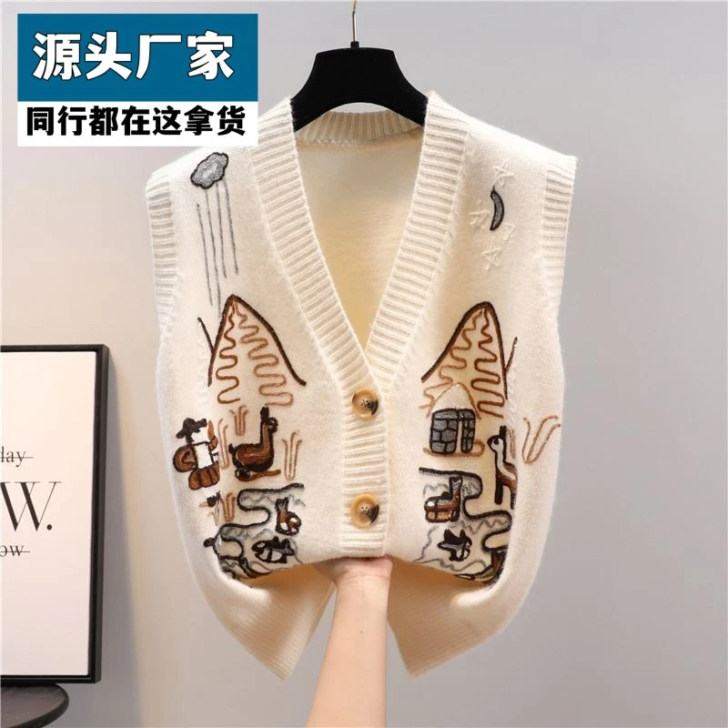 梵乐芬V领针织毛衣马甲开衫外穿款2025秋装新款宽松加厚毛线背心