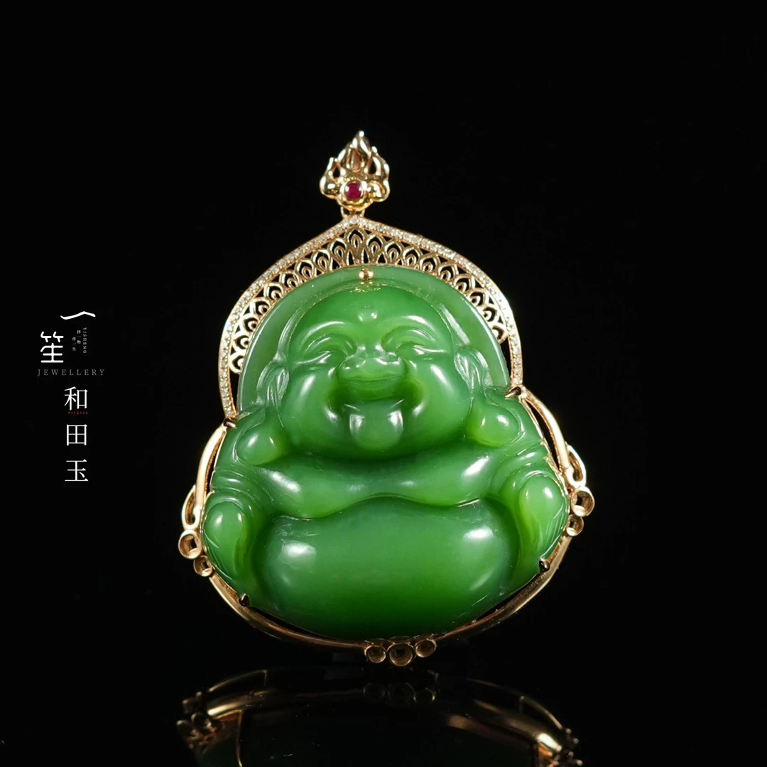 【一笙珠宝】收藏级和田玉碧玉高色粉绿佛公吊坠 YS22210