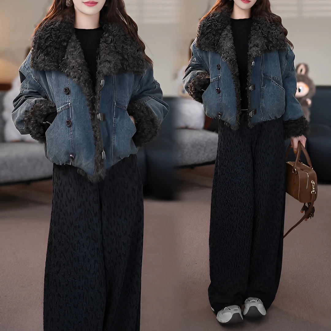 时尚牛仔加厚棉服女2025冬季新款洋气保暖毛毛领拼接保暖短款外套