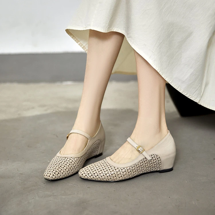 头层牛皮~5.5cm内增高镂空透气洞洞鞋女夏季新款法式复古单鞋中跟