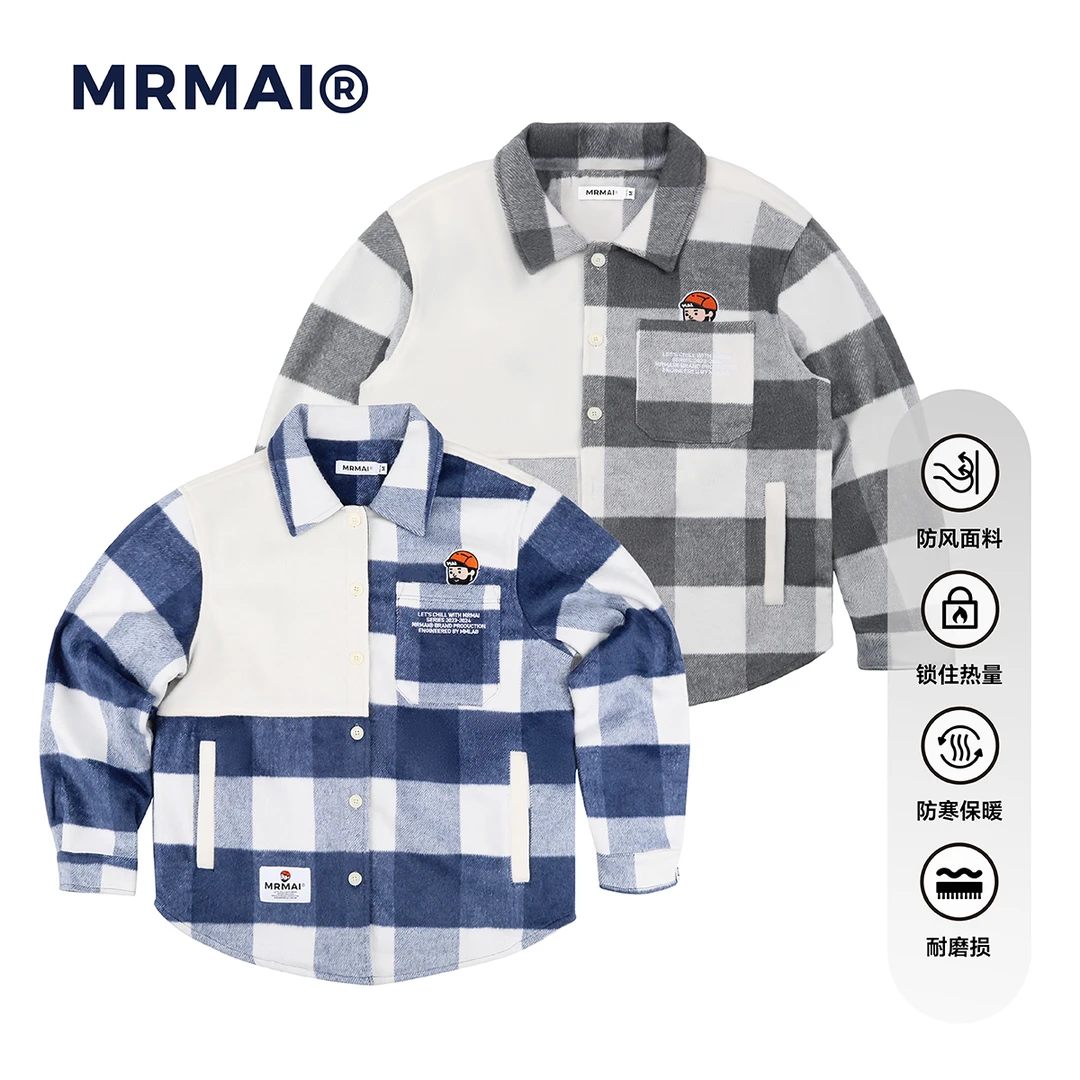 MRMAI CHILL系列秋冬加厚刺绣贴袋蓝白灰白格子呢子衬衫式外套