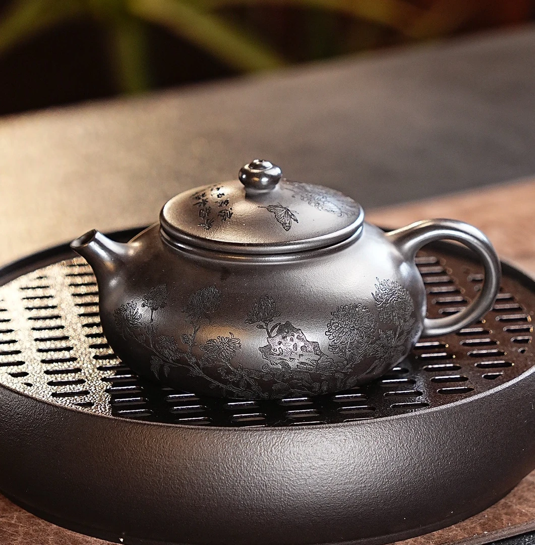 902宜兴原矿石黄泥料刻绘菊花寒江紫砂壶茶具全手工茶壶中式复古