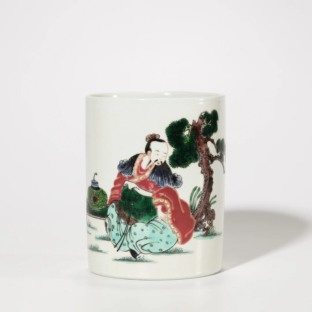 1311、清晚期 五彩人物诗文笔筒【苗苗13拍卖】