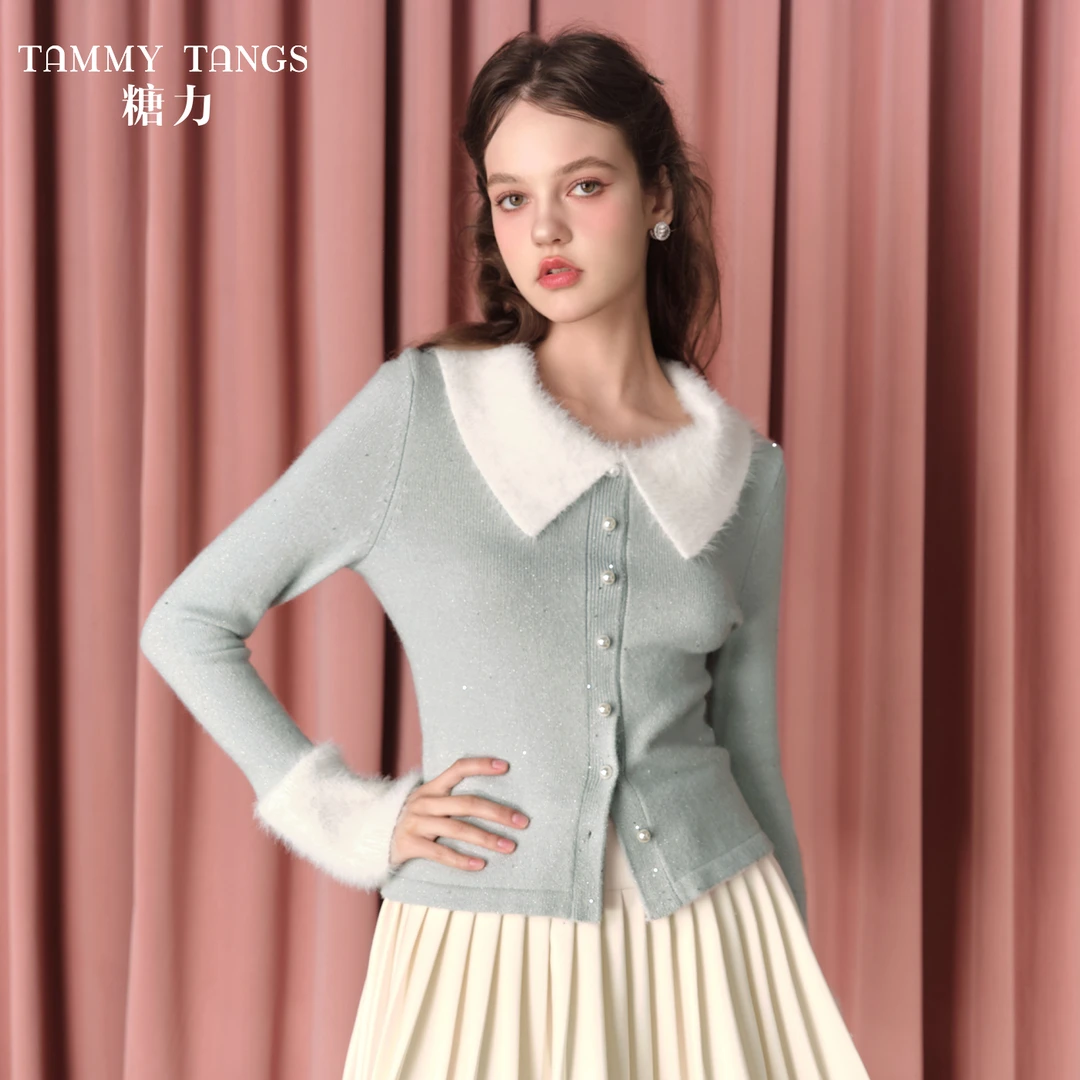 【若谷专属】糖力翻领套头钉珠仿水貂针织衫女TWRQS46515