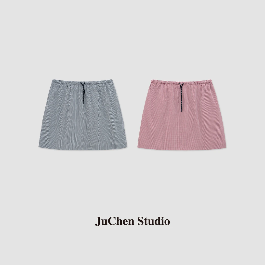 荃棉色织细格纹夏季撞色抽绳松紧腰半身裙 SS206015-16