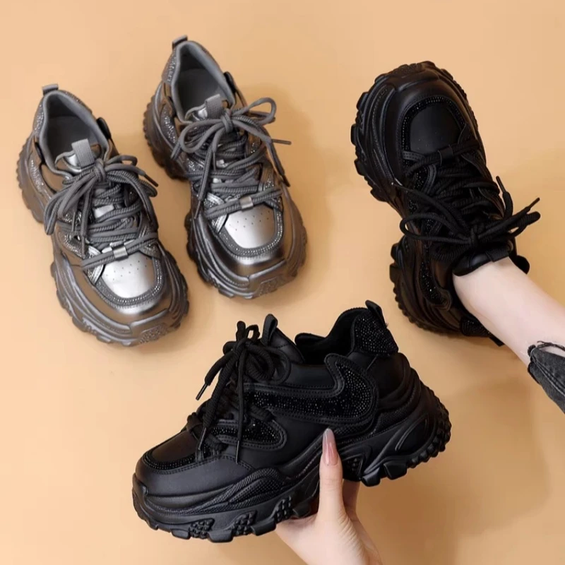 厚底老爹鞋女2025新款春季鞋子时尚百搭松糕鞋水钻轻便休闲运动鞋