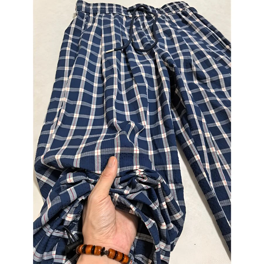 复古蓝色薄款透气泡泡格子裤男士夏季穿搭宽松休闲拖地阔腿裤子