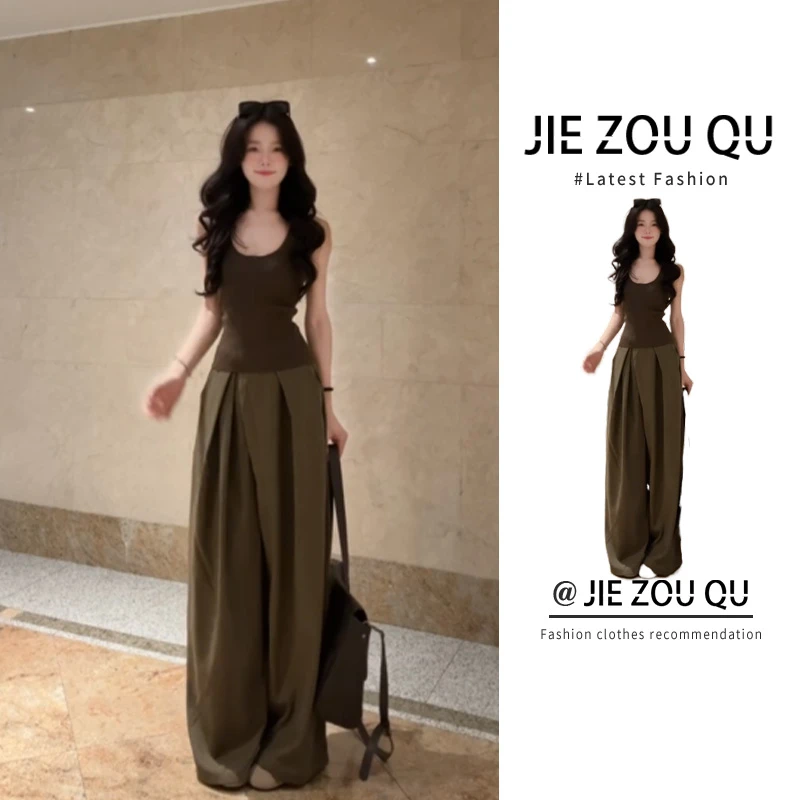 美式辣妹咖色吊带背心女内搭设计感小众无袖上衣半身裙套装