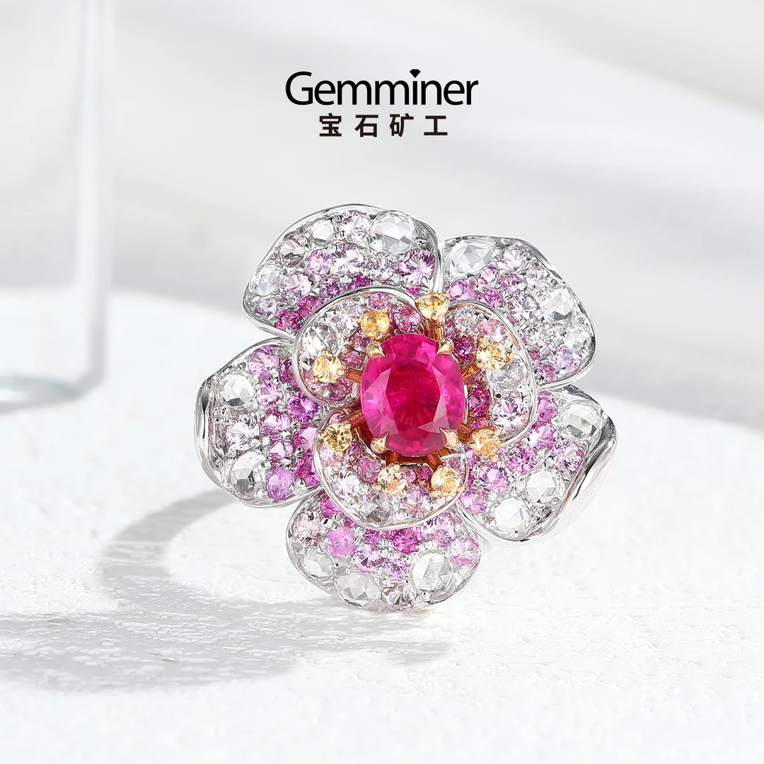 宝石矿工 18K金红宝石山茶花戒指