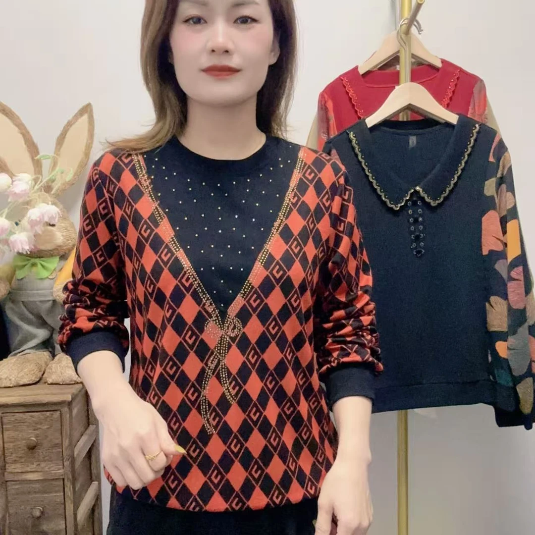 【丽姐家】秋季新款妈妈装假两件长袖休闲百搭中老年女装时尚圆领
