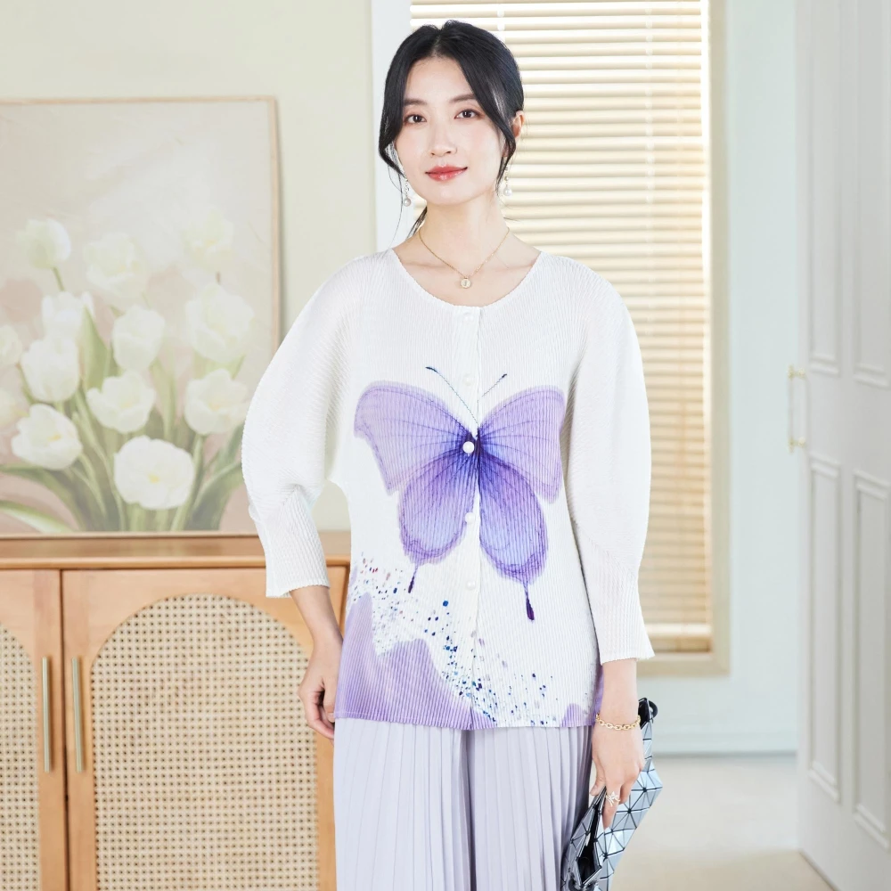 2025夏季新款褶皱上衣高级感气质轻薄时尚印花圆领开衫小清新蝴蝶