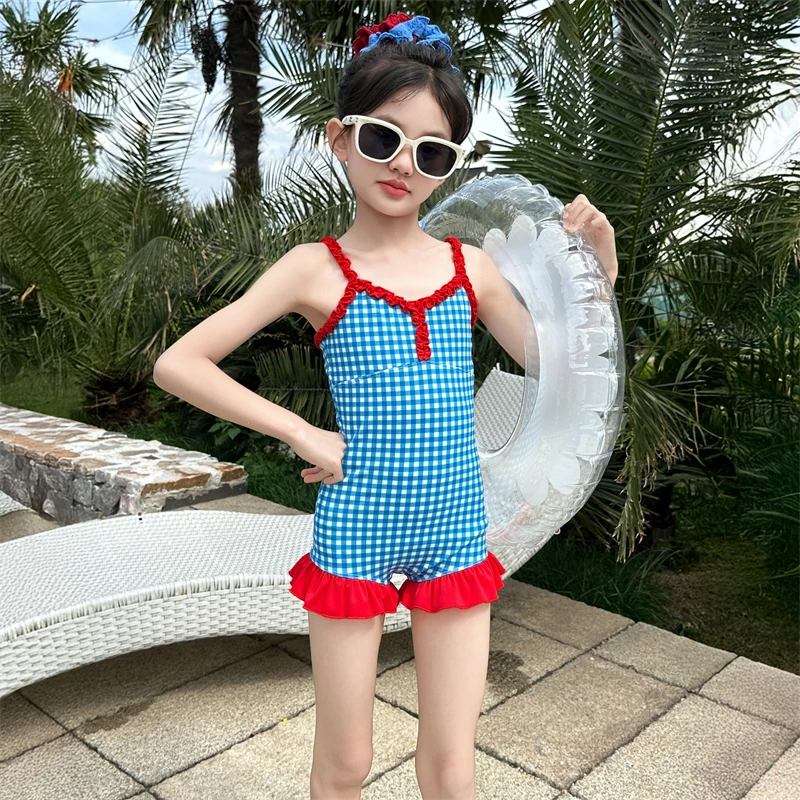 女童泳衣高颜值2025新款绝美中大童海边游泳衣格子吊带红裙两件套