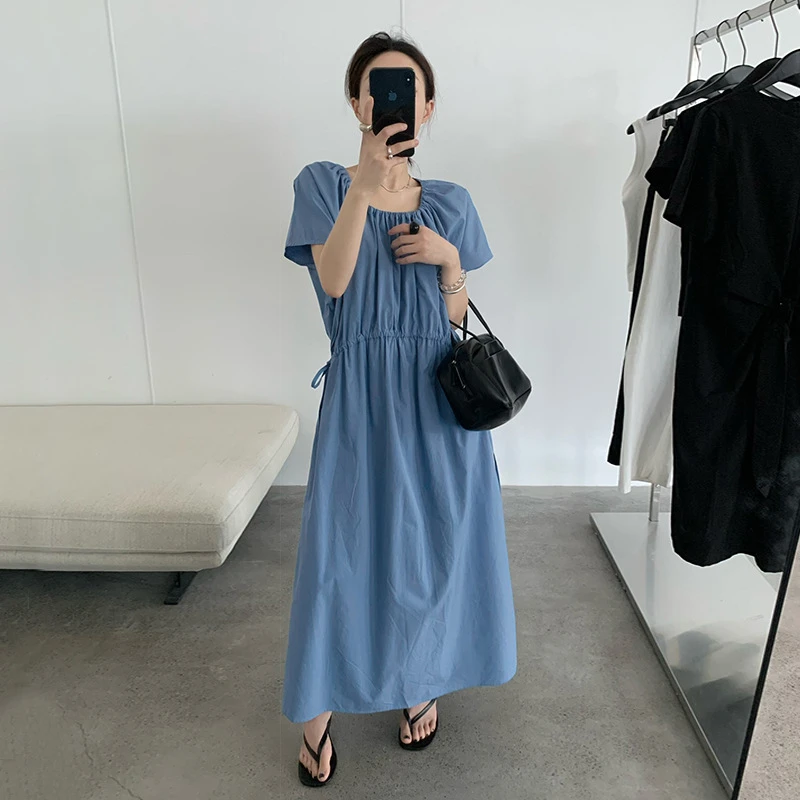 法式简约风抽褶系带蝙蝠袖韩版连衣裙女2025夏季新款纯色长裙
