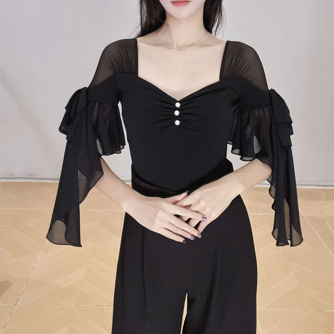 【LP舞服】原创设计-法式三颗珍珠扣荷叶袖上衣气质蝴蝶结袖