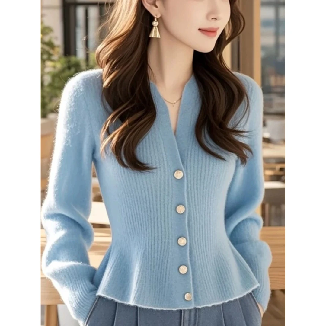 时尚高级感绝美蓝色V领长袖收腰针织衫女秋冬款独特百搭气质小衫