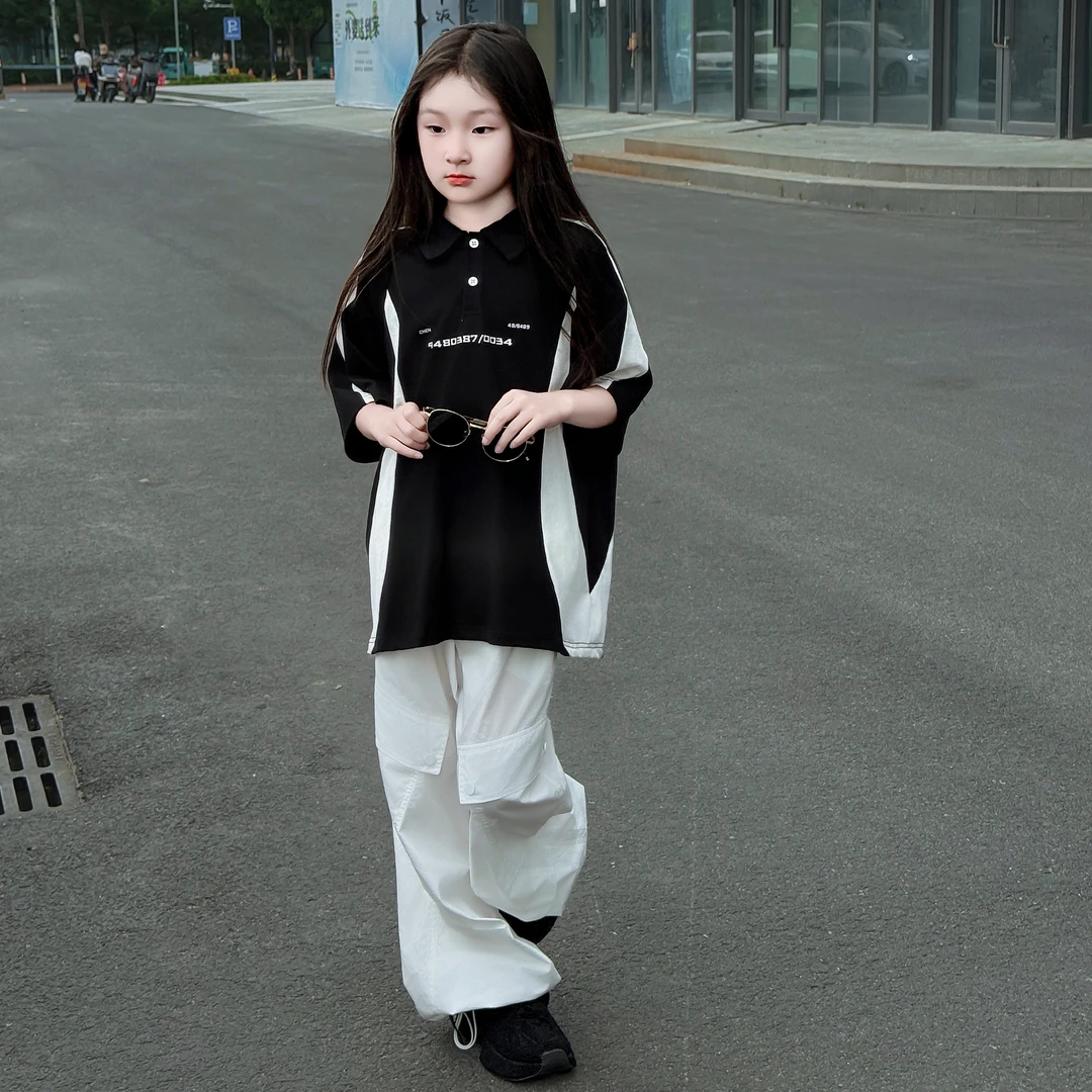 儿童2025夏季新款韩版撞色拼接POLO衫休闲宽松工装阔腿裤套装潮酷