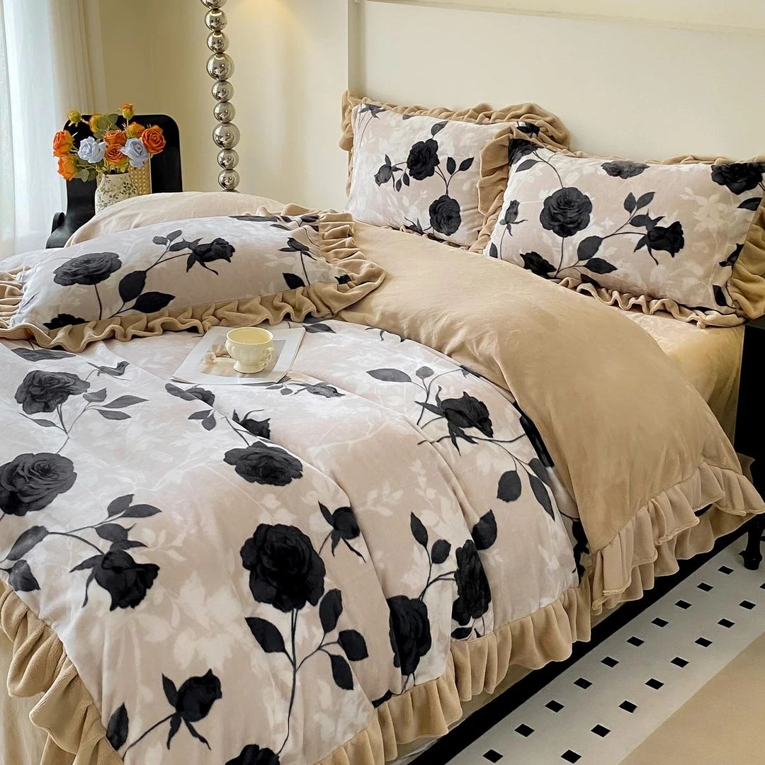 公主风牛奶绒四件套加绒床单法兰绒冬季加厚三件套珊瑚绒花边被套