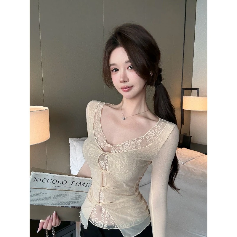 纯欲性感v领上衣女秋冬假两件网纱长袖t恤蕾丝打底衫内搭独特绝美