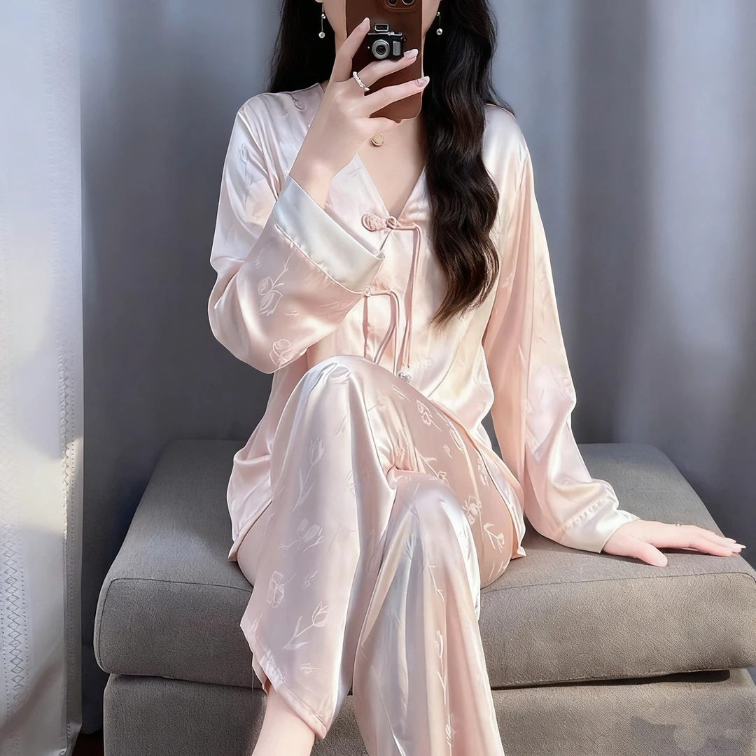 25款新中式睡衣女冰丝春秋款长袖粉色套装夏高级感国风家居服