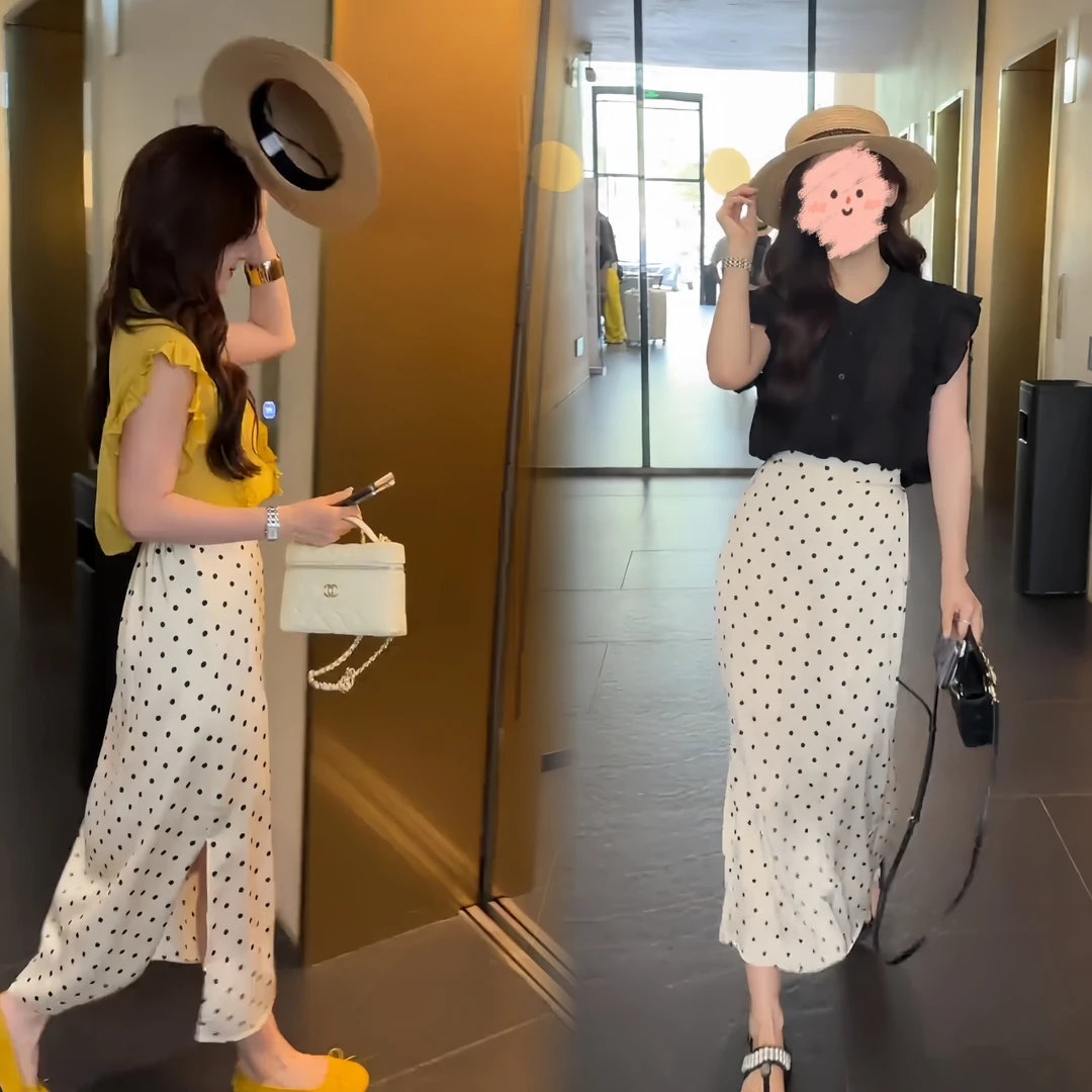 温柔风气质两件套女装2025年夏季新款无袖衬衫上衣开叉波点半身裙