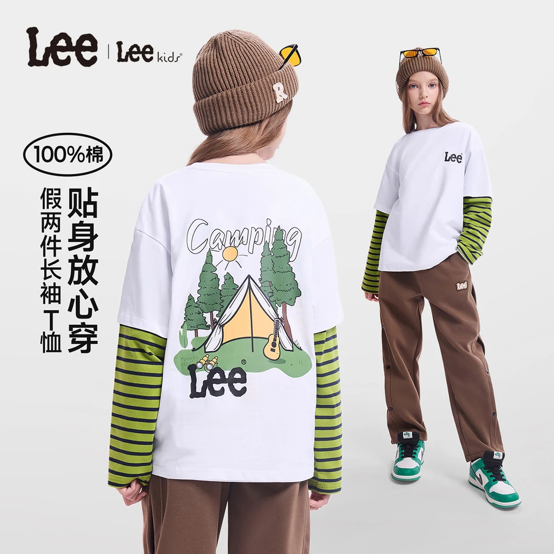 Lee儿童春季纯棉长袖T恤男童女童假两件拼接长袖上衣LK5X2SUT0390