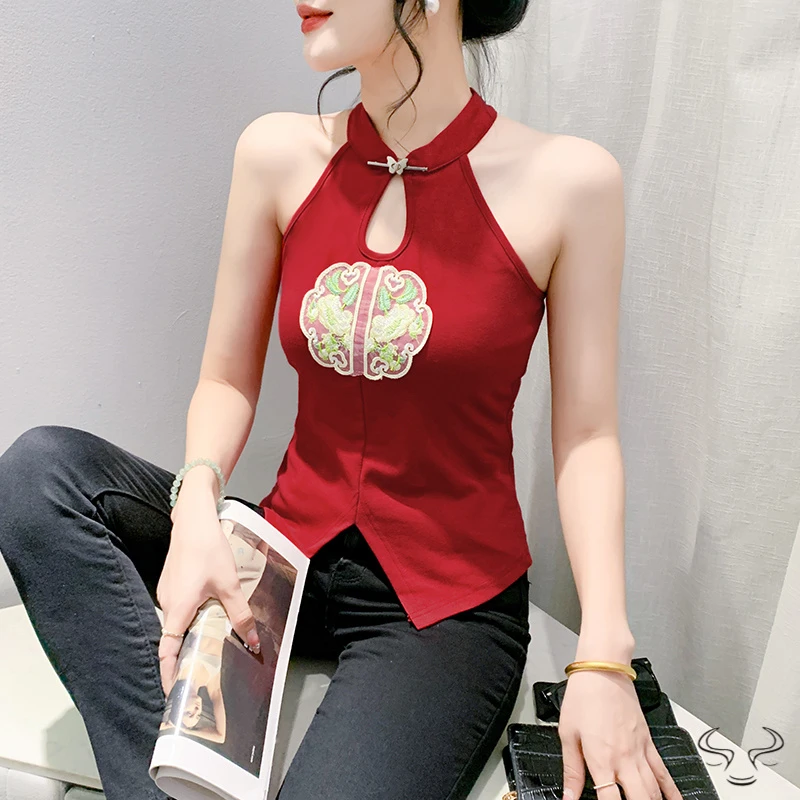 2025夏新款设计感新中式提花刺绣国风盘口气质百搭背心T恤女