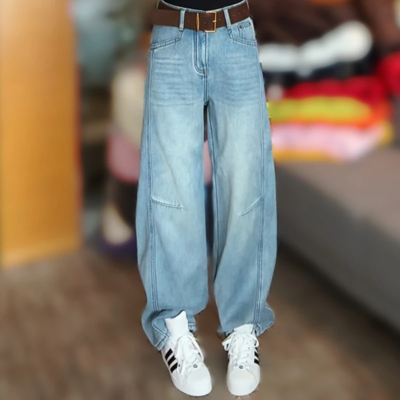 冬季新款时尚韩版高腰加绒加厚牛仔裤女士休闲宽松弯刀裤百搭长裤