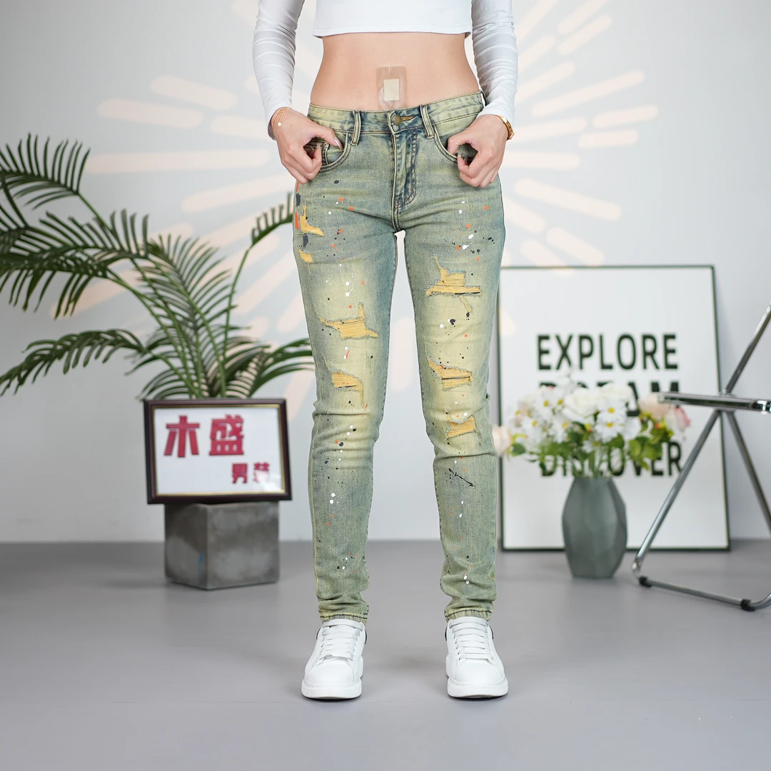 男士九分牛仔裤修身破洞补丁泼漆春夏季休闲时尚百搭弹力小脚长裤