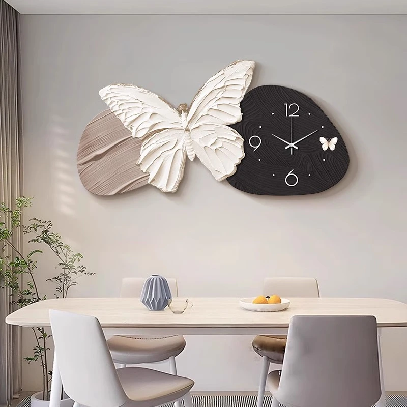 新款客厅高端平面亮光肌理感黑白蝴蝶挂钟壁画电视墙餐厅挂画