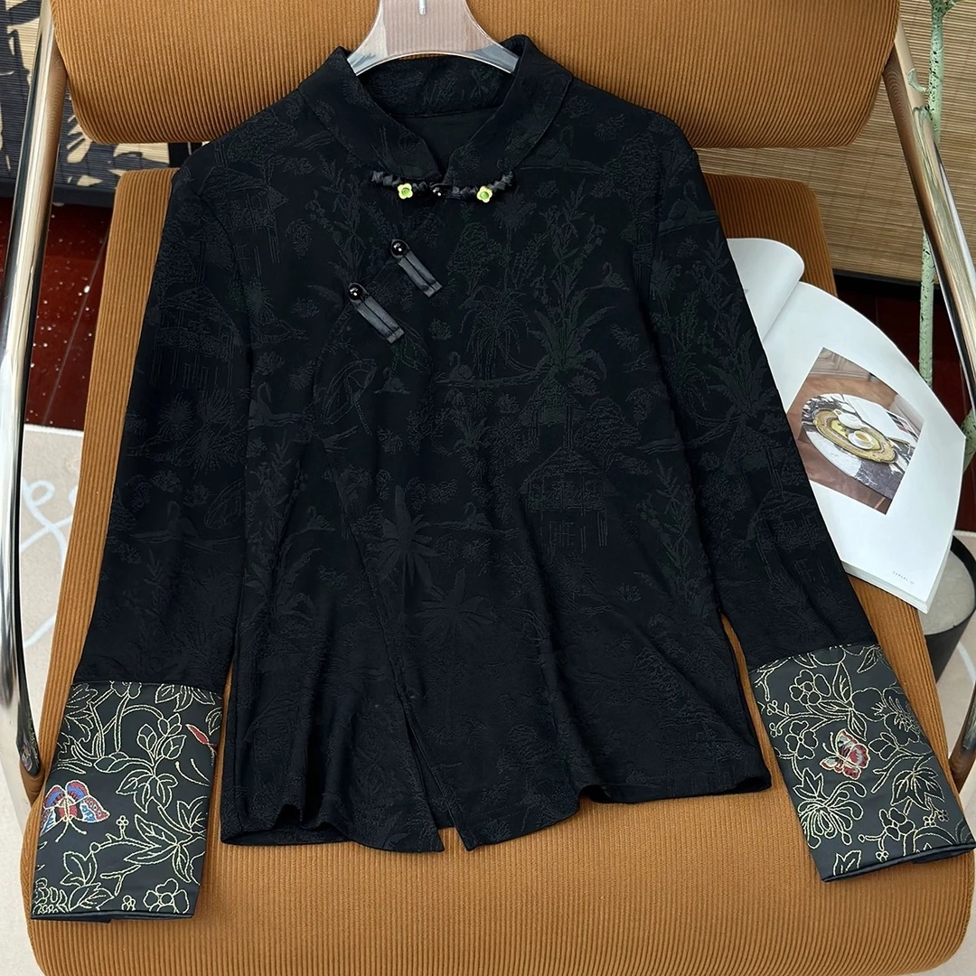 新中式国风提花拼接长袖盘扣上衣时尚修身立领气质打底T恤