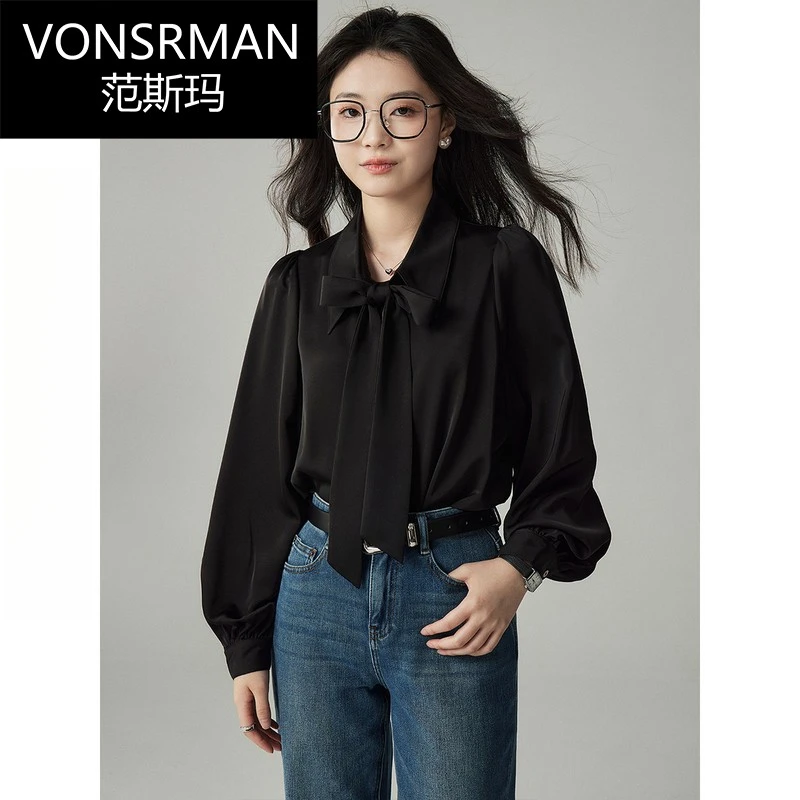 可拆卸领结3.0 法式黑色缎面蝴蝶结衬衫女秋冬季职业通勤长袖衬衣