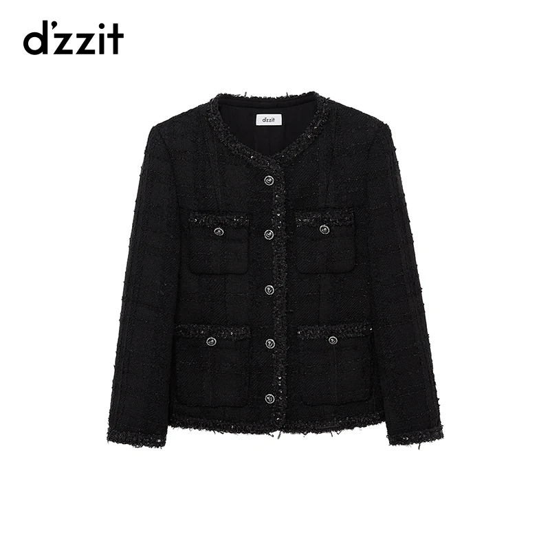 244【专属】dzzit地素粗花呢织带外套小香风黑色珠片绣雅丹风