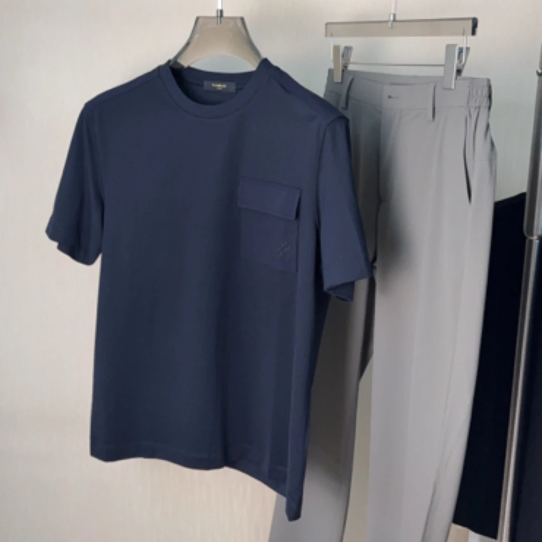 男款夏季定制棉休闲透气口袋正肩圆领短袖